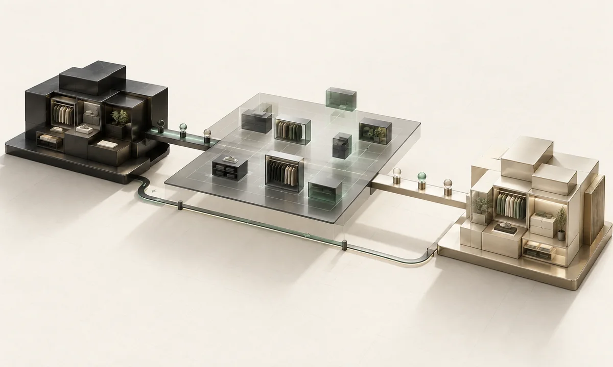 Deux architectures de boutique reliées par une surface de transformation, des contrôles et une voie de retour